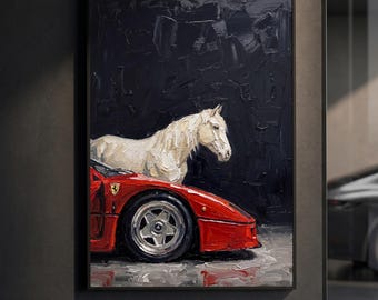 Ferrari F40 White Horse Poster | Supercar Fine Art Print | Impasto Oil Painting Automotive Wall Art | Luxury Garage Decor | Gift