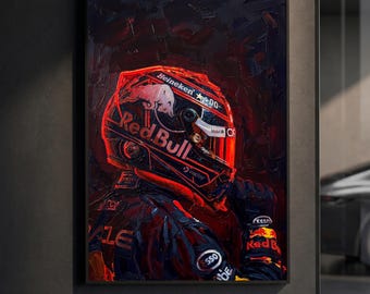 Max Verstappen Red Helmet Poster | Red Bull F1 Print | Impasto Oil Painting Motorsport Wall Art | Racing Decor | F1 Fan Gift