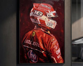 Affiche du casque de Charles Leclerc | Impression pilote Ferrari F1 | Peinture à l'huile impasto | Décoration murale sport automobile | Décoration Scuderia Racing | Cadeau F1