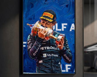Affiche Kimi Antonelli Champion du Monde | Reproduction du Trophée Mercedes F1 | Peinture à l'huile impasto | Décoration murale sport automobile | Décoration course | Cadeau F1