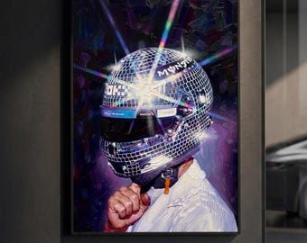 Lando Norris Disco Ball Helmet Poster | McLaren F1 Print | Impasto Oil Painting Motorsport Wall Art | Retro Glam Decor | F1 Gift