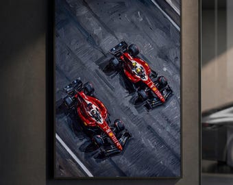 Hamilton Leclerc Ferrari Poster | F1 Aerial Racing Print | Impasto Oil Painting Motorsport Wall Art | Scuderia Team Decor | F1 Gift