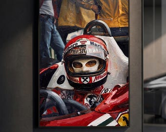Niki Lauda Poster | Classic F1 Legend Helmet Print | Impasto Oil Painting Vintage Motorsport Wall Art | Racing Decor | F1 Gift