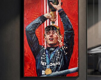 Affiche Kimi Antonelli sur le podium au champagne | Impression Mercedes F1 | Peinture à l'huile impasto | Décoration murale sport automobile | Décoration festive | Cadeau F1