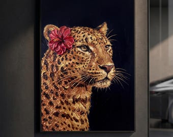Affiche Léopard Hibiscus Tropical | Imprimé Animal de Luxe | Peinture à l'Huile Impasto | Décoration Murale Mode | Décoration Maximaliste | Cadeau Bohème Glamour