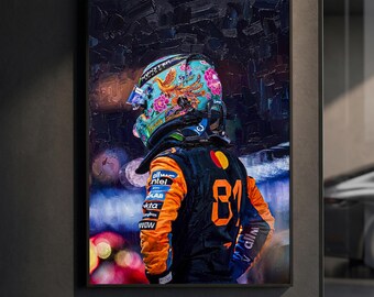 Oscar Piastri Phoenix Helmet Poster | McLaren F1 Night Print | Impasto Oil Painting Motorsport Wall Art | Bokeh City Decor | F1 Gift