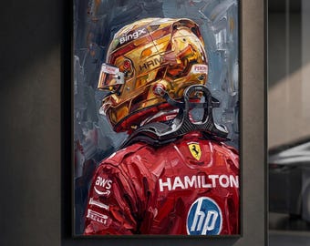Affiche du casque bronze et or de Lewis Hamilton | Portrait de pilote de F1 | Peinture à l'huile impasto | Décoration murale sport automobile | Décoration de luxe | Cadeau F1