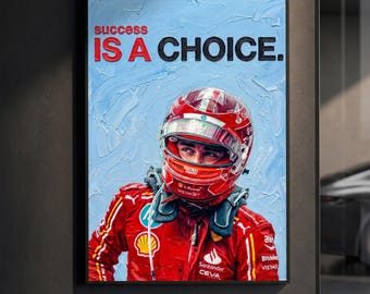 Affiche « Charles Leclerc : Le succès est un choix » | Citation Ferrari F1 | Peinture à l'huile en impasto | Décoration murale sport automobile | Décoration course | Cadeau