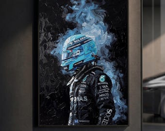 George Russell Poster | Mercedes F1 Tire Smoke Print | Impasto Oil Painting Motorsport Wall Art | Dynamic Racing Decor | F1 Fan Gift
