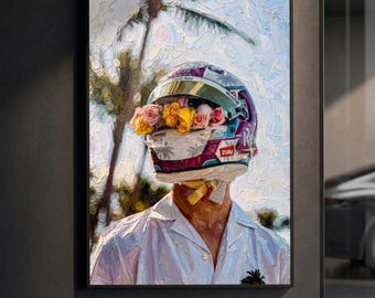 Liam Lawson Rose Helmet Poster | F1 Miami GP Floral Print | Impasto Oil Painting Motorsport Wall Art | Romantic Racing Decor | Gift