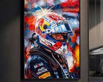 Max Verstappen Helmet Close Up Poster | Red Bull F1 Print | Impasto Oil Painting Motorsport Wall Art | Racing Decor | F1 Fan Gift