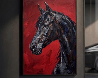 Affiche Cheval Noir | Reproduction d'Art Étalon Cabré | Peinture à l'Huile Impasto | Décoration Murale Équestre | Décoration de Luxe | Cadeau