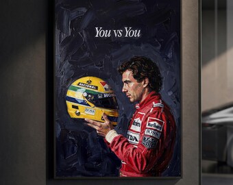 Affiche Ayrton Senna « Toi contre Toi » | Impression motivante Légende de la F1 | Peinture à l'huile en impasto | Décoration murale sport automobile | Décoration vintage | Cadeau