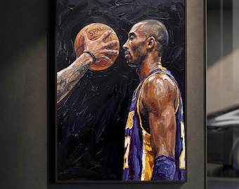 Kobe Bryant Poster | Lakers Basketball Portrait Print | Impasto Oil Painting Sports Wall Art | Intense Mamba Decor | Basketball Gift