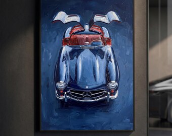 Affiche Mercedes 300SL Gullwing | Reproduction de voiture classique | Peinture à l'huile impasto | Décoration murale automobile | Décoration Mercedes vintage | Cadeau pour passionné d'automobile