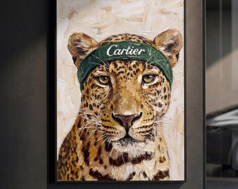 Affiche léopard inspirée de Cartier | Imprimé animal de luxe | Peinture à l'huile impasto | Décoration murale tendance | Décoration glamour | Cadeau de luxe