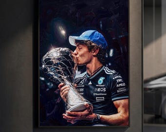 Affiche Kimi Antonelli embrassant le trophée | Impression de la victoire Mercedes F1 | Peinture à l'huile impasto | Décoration murale sport automobile | Décoration de champion | Cadeau F1