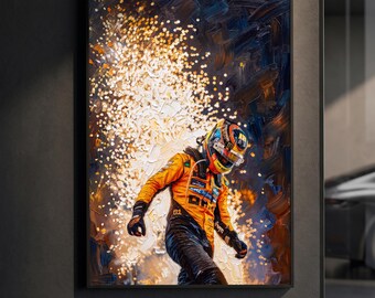 Oscar Piastri Poster | McLaren F1 Sparks Action Print | Impasto Oil Painting Motorsport Wall Art | Dynamic Racing Decor | F1 Gift