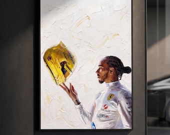 Lewis Hamilton Yellow Helmet Poster | Ferrari F1 Driver Print | Impasto Oil Painting Motorsport Wall Art | Scuderia Racing Decor | Gift