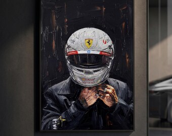 Affiche du casque argenté de Lewis Hamilton | Bijou artistique de pilote de F1 | Peinture à l'huile impasto | Décoration murale sport automobile | Décoration de luxe sur le thème de la course | Cadeau