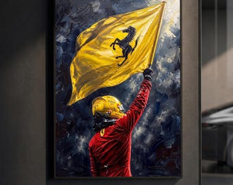 Affiche Lewis Hamilton Drapeau Ferrari | Célébration de la F1 | Peinture à l'huile impasto | Décoration murale sport automobile | Décoration tifosi | Cadeau