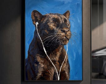 Affiche Panthère Noire pour écouteurs | Imprimé animal tendance | Peinture à l'huile impasto | Décoration murale glamour moderne | Cadeau pour mélomane