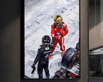 Lewis Hamilton Charles Leclerc Poster | Ferrari F1 Teammates Print | Impasto Oil Painting Motorsport Wall Art | Racing Decor | Gift