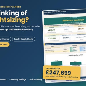 Rightsizing Planner UK | Downsizing Calculator Spreadsheet | Cash Released, Stamp Duty & Running Cost Savings
