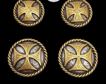 Set van 6 - Maltezer kruiszadelset concho's met antiek sterlingzilver en goud