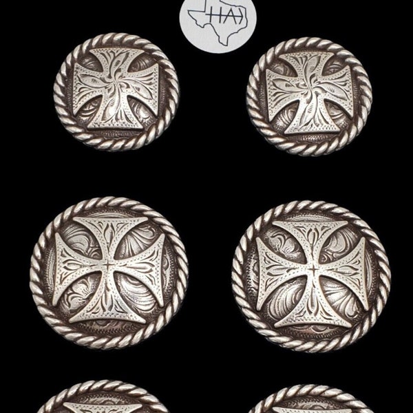Set of 6 - Maltese Cross Saddle set conchos with hand rubbed antique finish