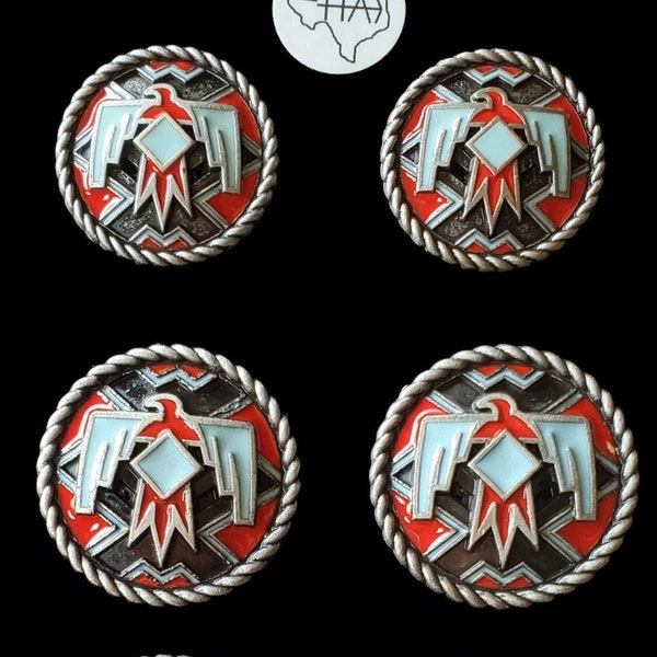 Set of 6 - TexHAs T-Bird Saddle set conchos in antique nickel with enamel colors