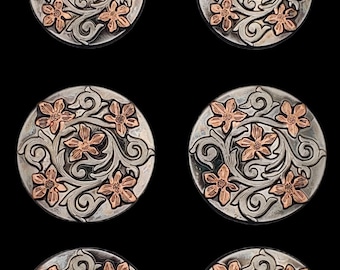 Set of 6 - Wildflower Saddle Concho set Antique nickel and copper