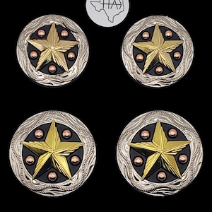 6er Set - Sattel Concho Set Nickel, Kupfer, Messing Stern und schwarze Emaille