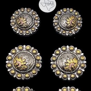 6er-Set - Sonnenblumen-Beeren-Sattel-Concho-Set Antikes Nickel, Kupfer und Messing (1.25 / 1.5)