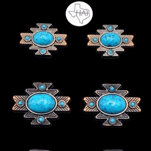 6er Set - Azteken Sattel Concho Set Antike Nickel, Kupfer und Türkis Cabochons