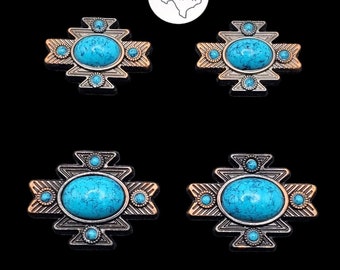 Set of 6 - Aztec Saddle Concho set Antique nickel, copper and turquoise cabochons