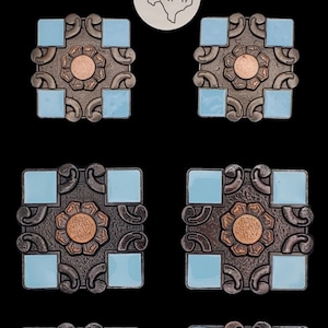 6er Set - Sattel Concho set Antike Nickel, Kupfer und Türkis Emaillecken