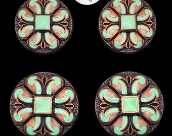 Set of 6 - San Marcos Saddle set conchos in antique copper with turquoise enamel (1.25/1.5)