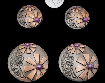 Set of 6 - New West Saddle Concho set Antique nickel, copper and purple cabochons