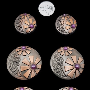 Set von 6 - New West Saddle Concho Set Antike Nickel, Kupfer und lila Cabochons