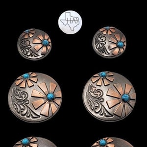 Set von 6 - New West Saddle Concho Set Antike Nickel, Kupfer und Türkis Cabochons
