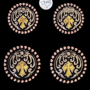 6er Set - Kaskadenkreuz Sattel Concho Set Antik Nickel, Kupfer, Messing und mattschwarze Emaille