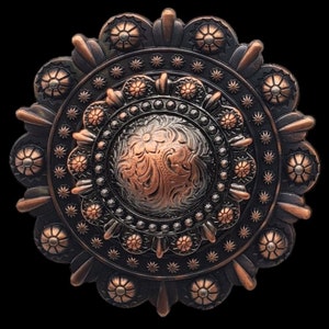 May include: A large, ornate, copper-colored metal concho with a detailed floral design. The concho has a circular shape with a raised center and a scalloped edge. It is decorated with a series of concentric circles and stars.