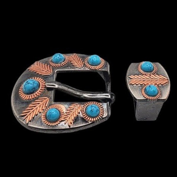 3/4" Feathered Turquoise buckle and keeper Antique Nickel and copper