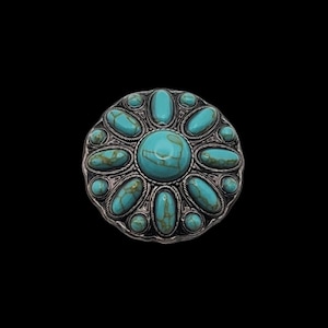 May include: A round, silver-toned metal button with a turquoise stone design. The button features a large, central turquoise stone surrounded by smaller, oval-shaped turquoise stones. The stones have brown veining.