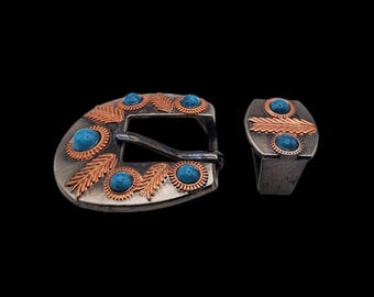 3/4&quot; Feathered Turquoise buckle and keeper Antique Nickel and copper