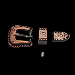 May include: A copper-colored belt buckle set with a decorative floral design. The set includes a buckle, belt loop, belt tip, and a screw. The buckle has a rope-like border and a dark gray interior.