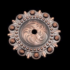 May include: A copper-colored metal concho with a decorative floral design. The concho has a central hole and a scalloped edge.