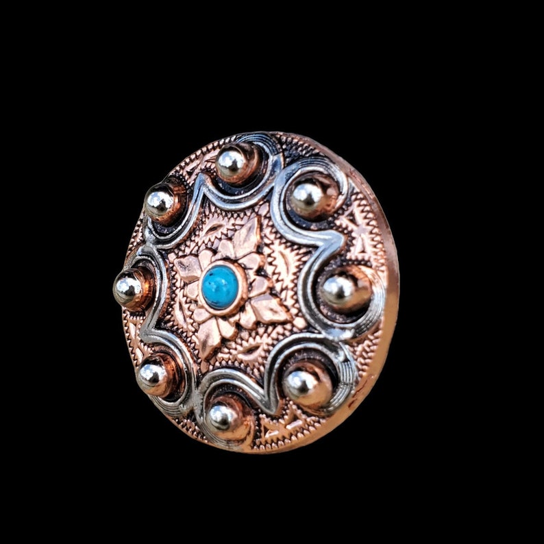 Antique Copper Flower Concho With Blue Turquoise Center | 30mm Screwback For Belts & Bags