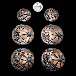 May include: A set of six round metal buttons in two sizes, featuring a copper-toned floral design with embossed scrollwork and small turquoise-coloured stone accents. A small white circular logo with the text HA inside a Texas outline is included.